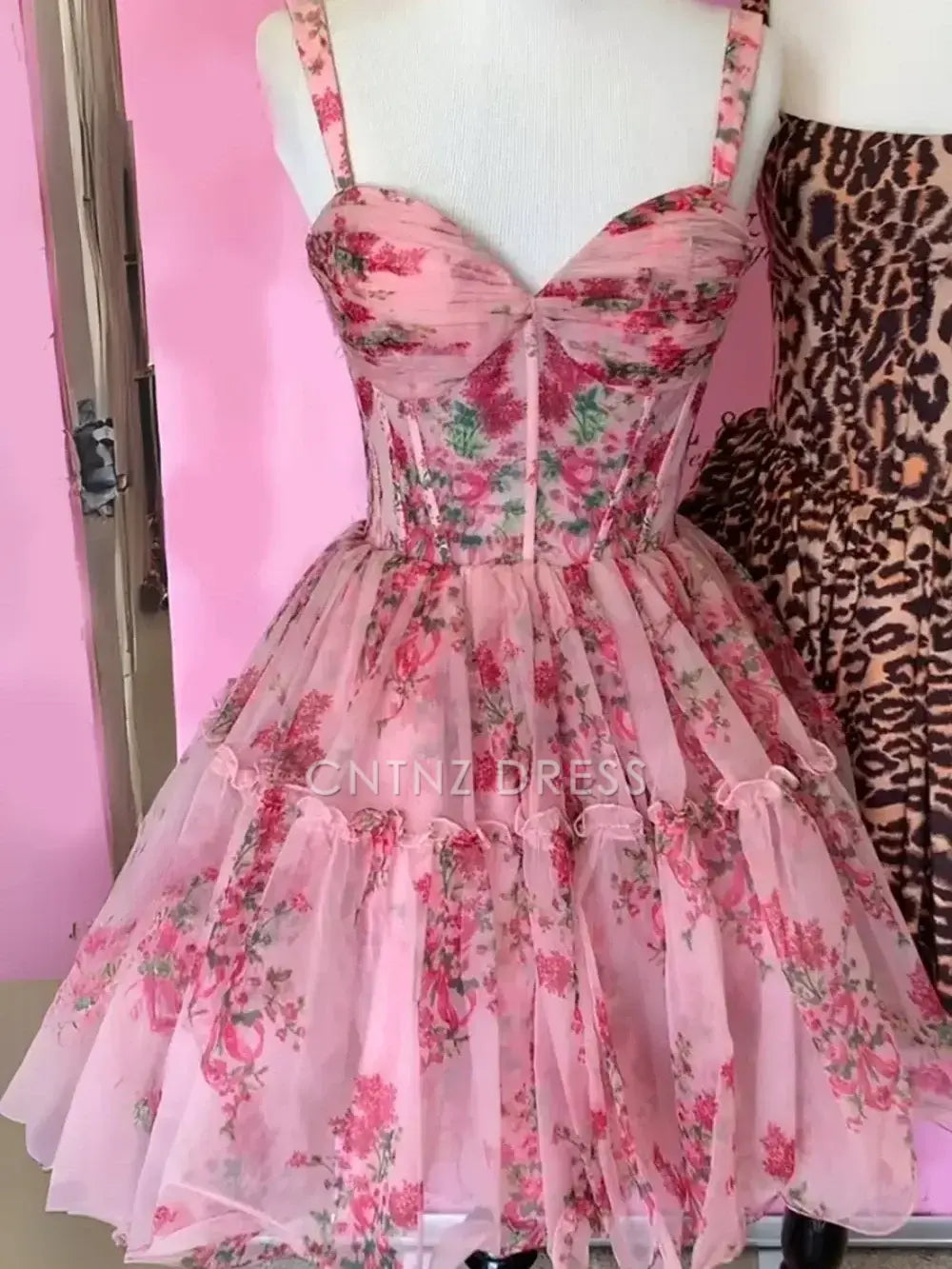 CNTNZ DRESS Romantic A Line Spaghetti Straps Sweetheart Neckline Pink Retro Printed Cute Cocktail Dress Short Homecoming Dress
