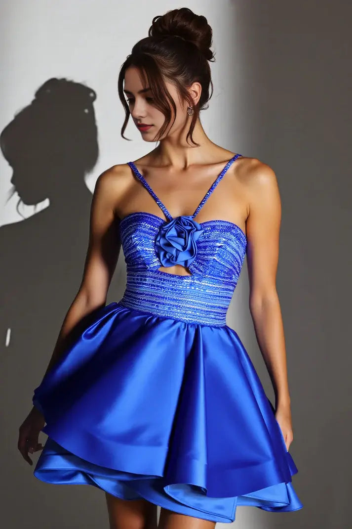 CNTNZ DRESS Short Prom Dress A-Line Halter Neck Flower Pleated Sequin Bodice Keyhole Tiers Ruched Sparkle Fashion New Hot Sale Homecoming Dress