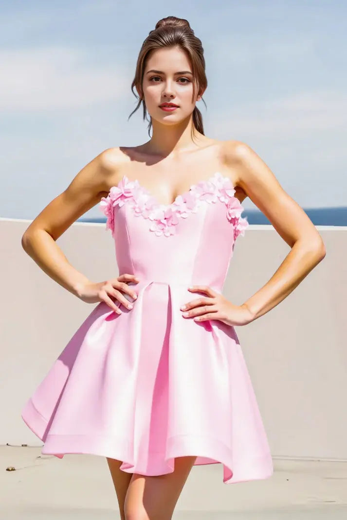 CNTNZ DRESS Short Prom Dress Elegant A-Line 3D Flowers V-Neck Strapless Ruched Backless Mini Dresses Cute New Hot Sale Homecoming Dress