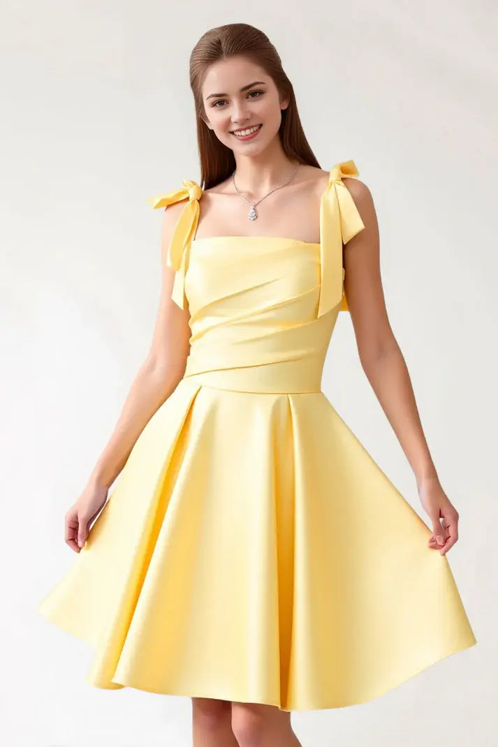 CNTNZ DRESS Short Prom Dress Elegant A-Line Square Neck Bowknot Straps Pleated Backless Cute New Hot Sale Homecoming Dress