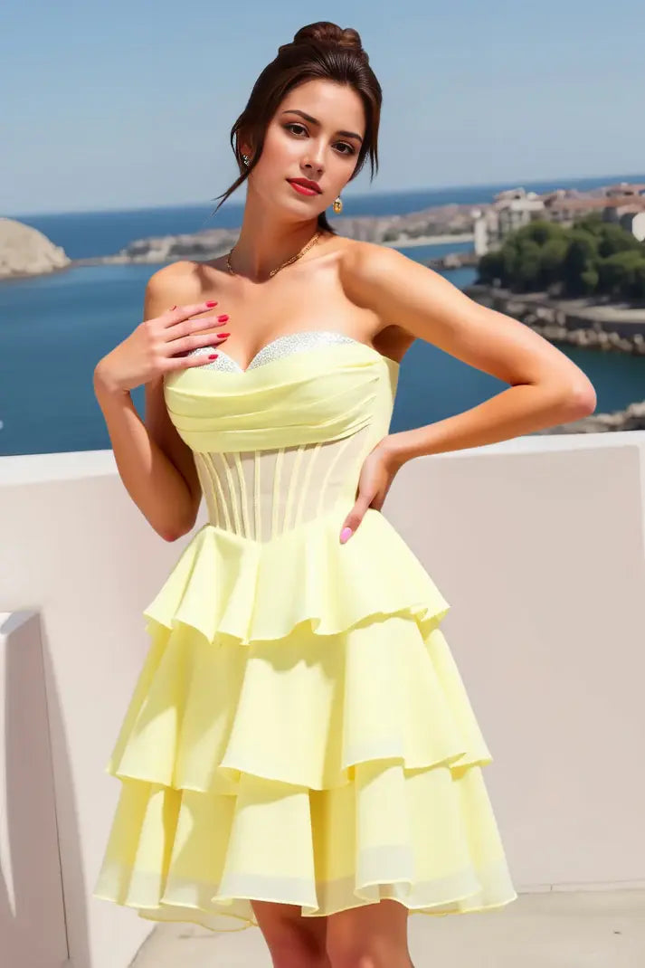 CNTNZ DRESS Short Prom Dress Exquisite A-Line Beaded Sweetheart Neckline Strapless Tiered Ruched Dresses Cute New Hot Sale Homecoming Dress