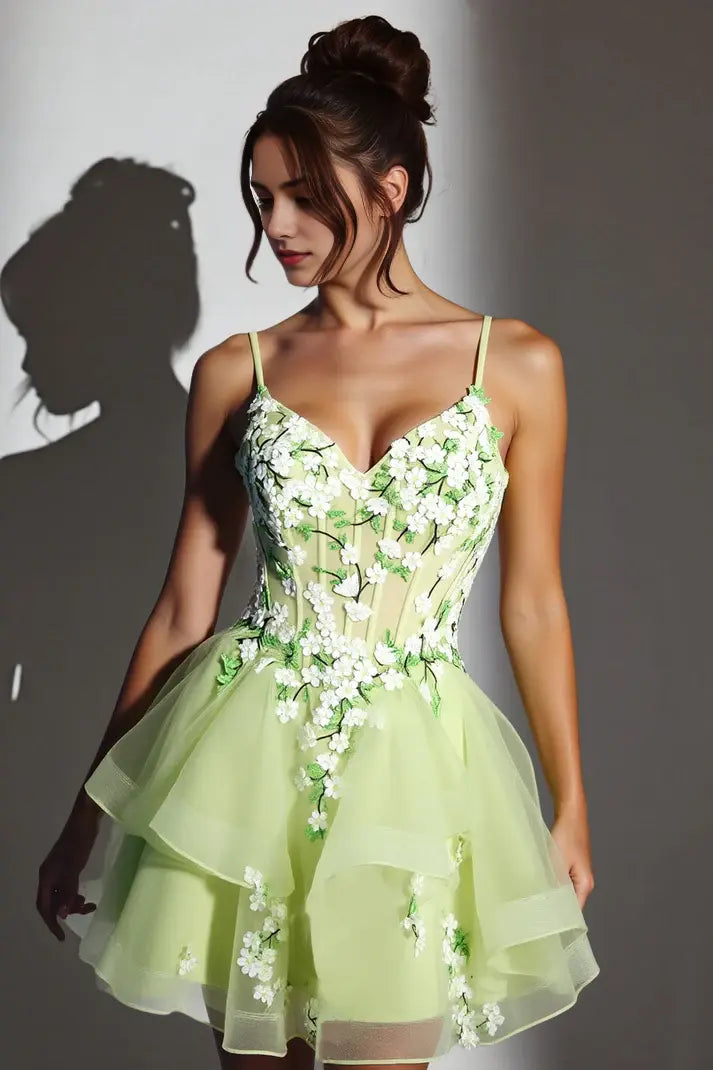 CNTNZ DRESS Short Prom Dress Exquisite A-Line V-Neck Spaghetti Straps Fresh Applique Corset Tiered Ruched Dresses Fashion New Hot Sale Homecoming Dress