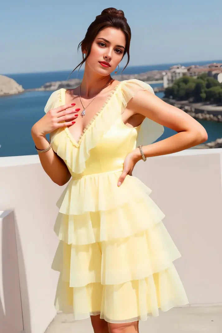 CNTNZ DRESS Short Prom Dress Exquisite A-Line V Neck Flutter Sleeves Tiered Ruched Backless Cute New Hot Sale Homecoming Dress