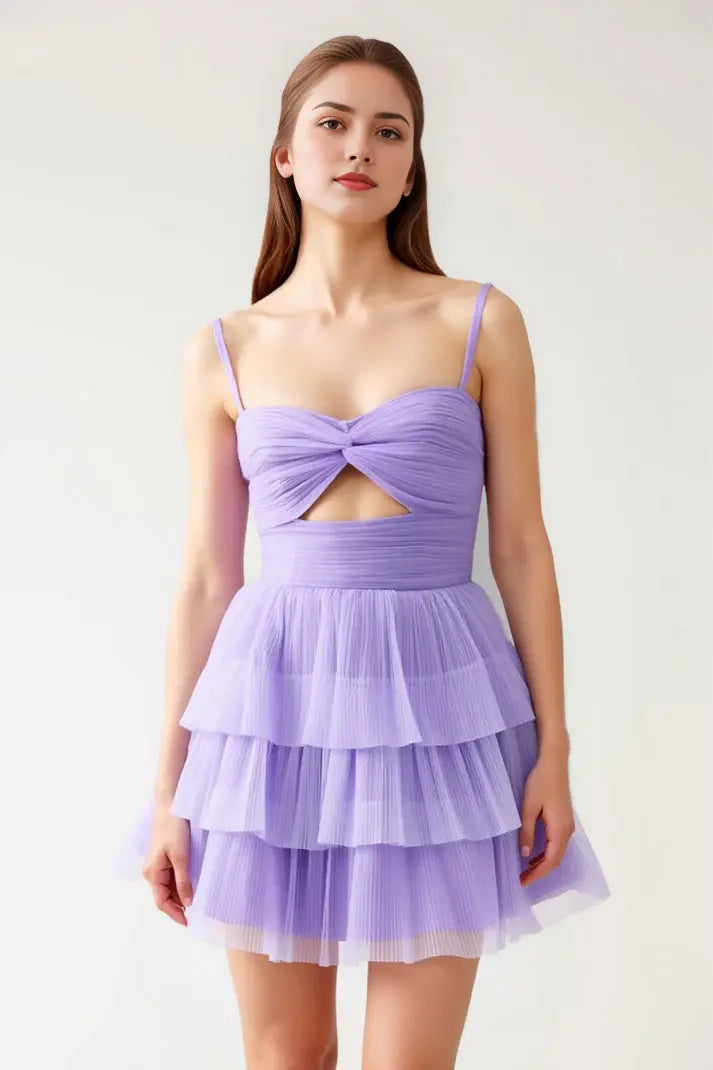 CNTNZ DRESS Short Prom Dress Fashion A-Line Spaghetti Strap Sweetheart Neckline Keyhole Backless Tulle Pleated Tiered Mini Dress Charming New Hot Sale Homecoming Dress