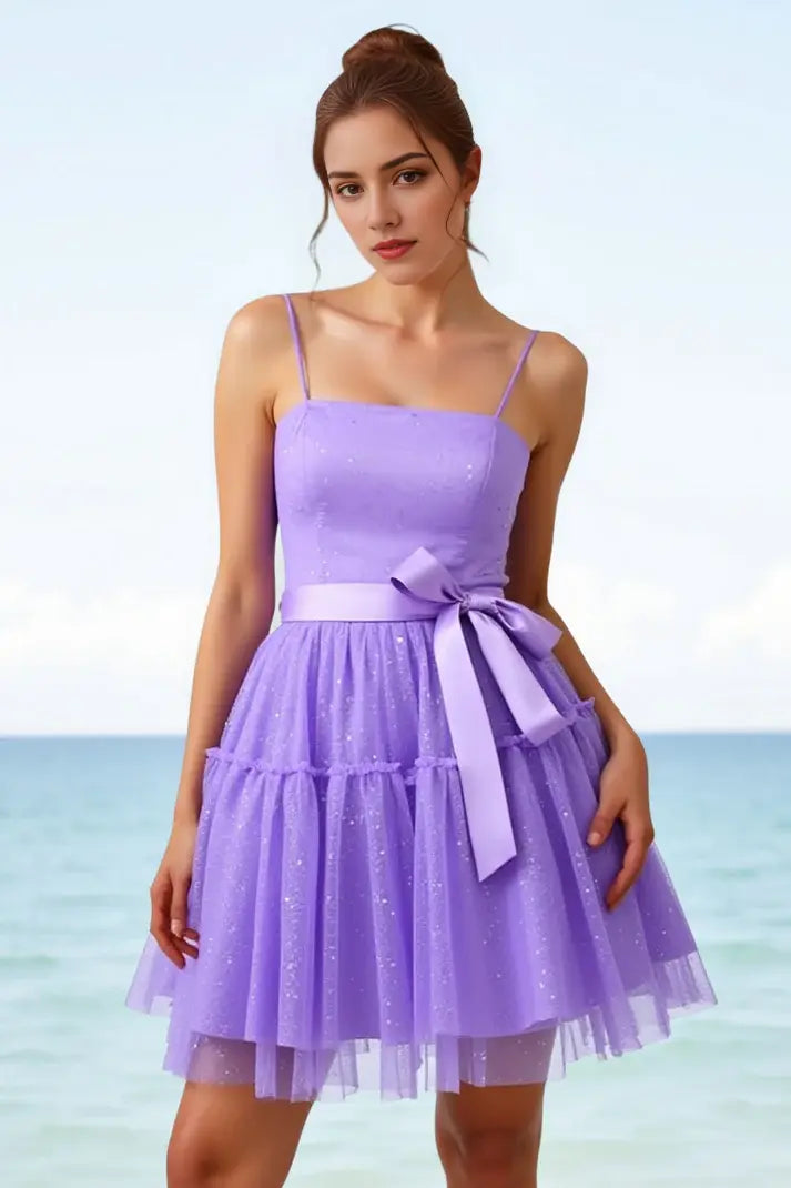 CNTNZ DRESS Short Prom Dress Sparkle A-Line Spaghetti Strap Ruched With Bow Cute New Hot Sale Homecoming Dress