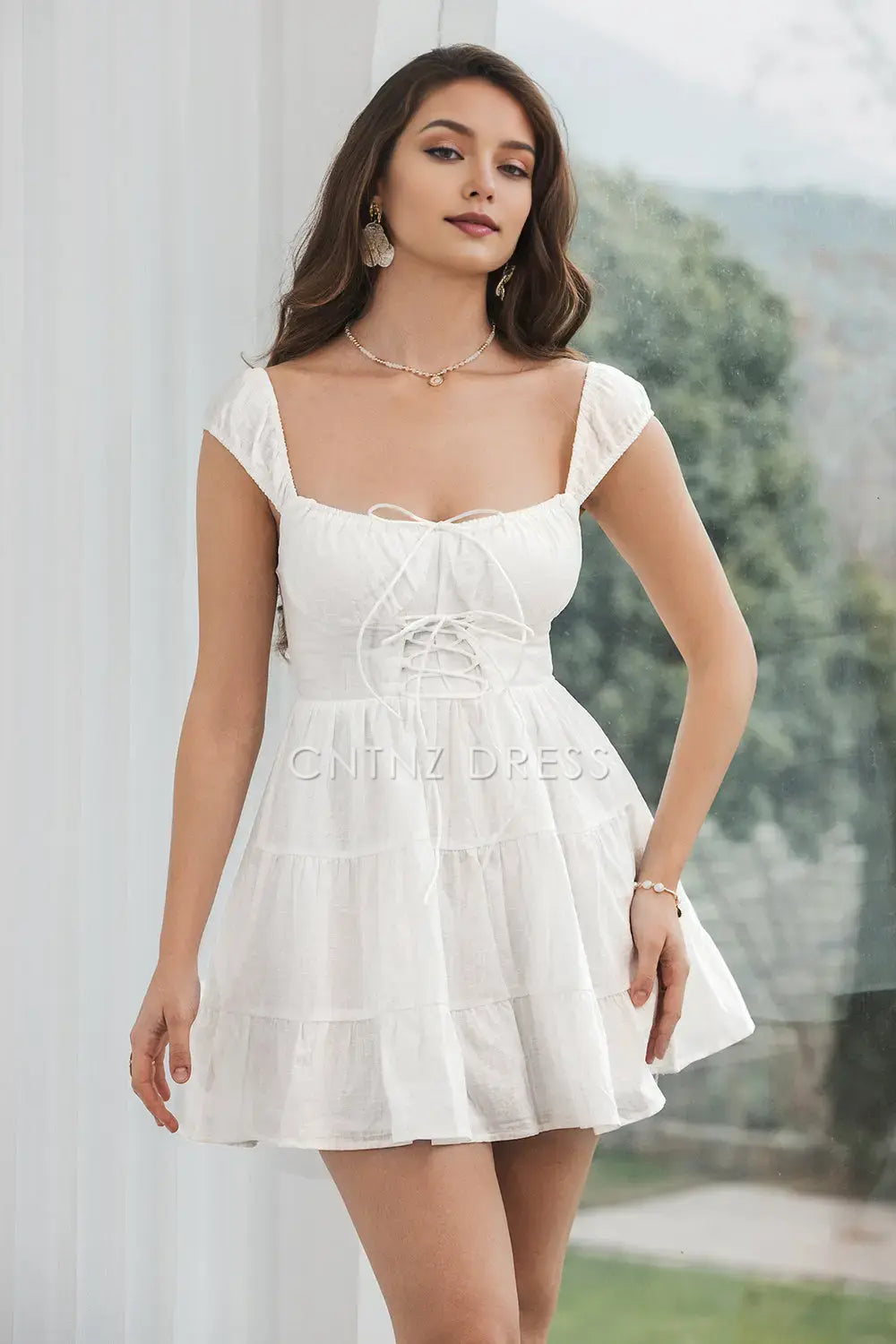 CNTNZ DRESS Simple A-Line Cap Sleeves Lace up Bow Cute Short Dress Hot Sale Homecoming Dress