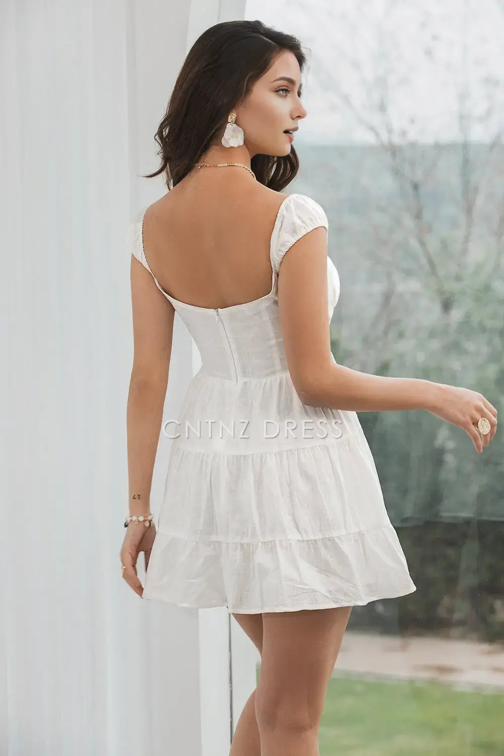 CNTNZ DRESS Simple A-Line Cap Sleeves Lace up Bow Cute Short Dress Hot Sale Homecoming Dress