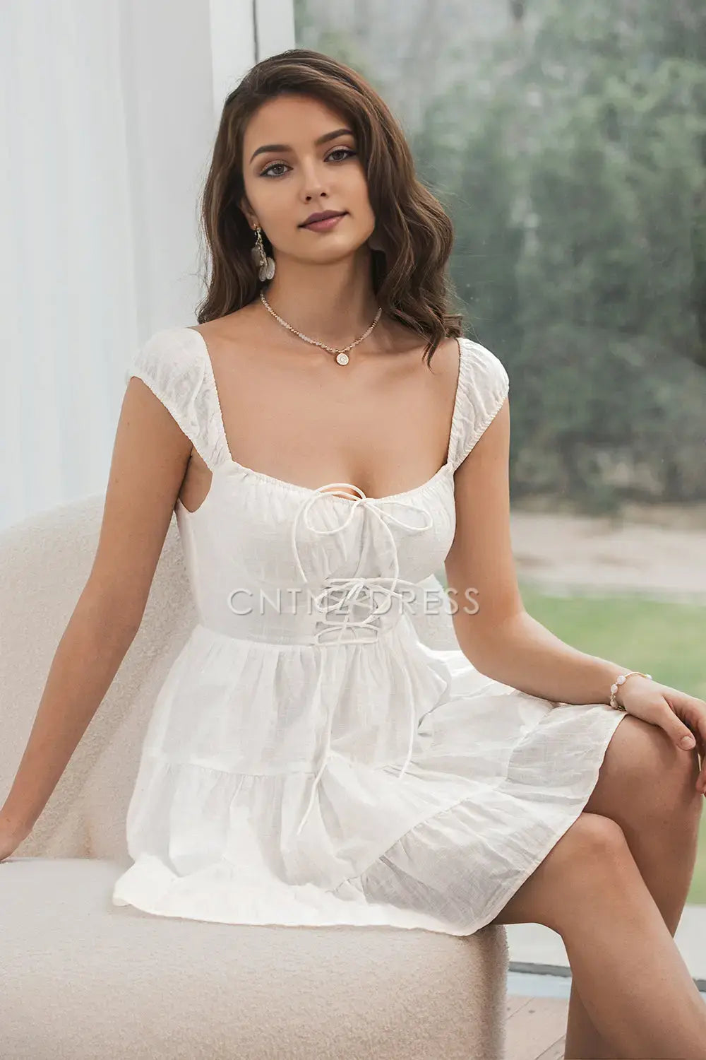 CNTNZ DRESS Simple A-Line Cap Sleeves Lace up Bow Cute Short Dress Hot Sale Homecoming Dress