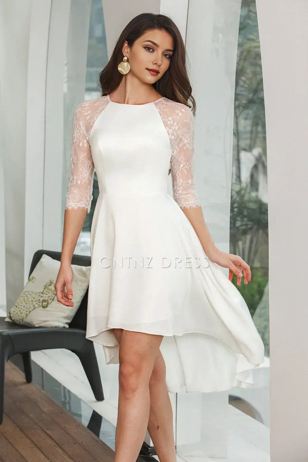 CNTNZ DRESS Simple A Line Lace Half Sleeves Ruched High Low Hemline Elegant Short Dress Hot Sale Homecoming Dress