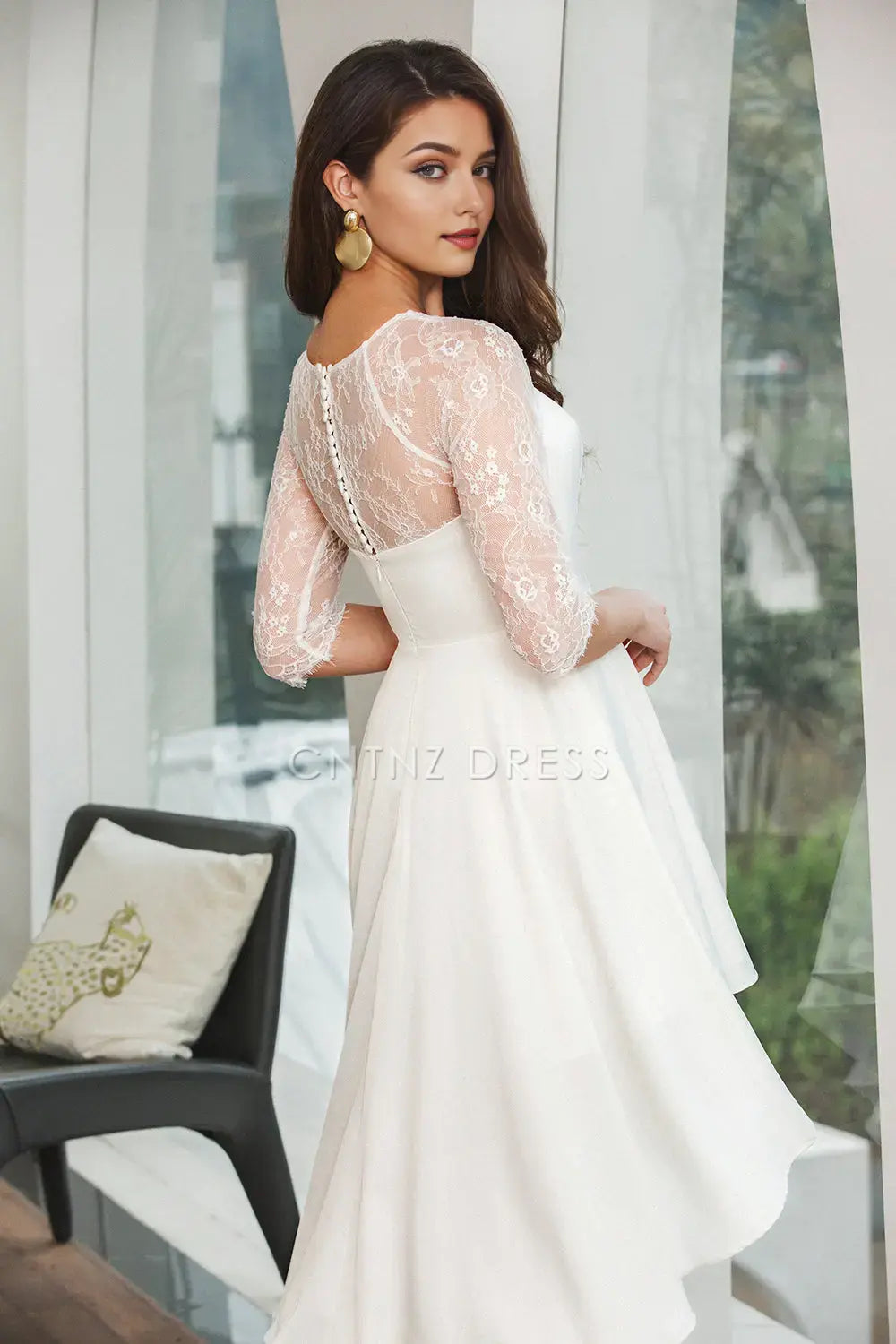 CNTNZ DRESS Simple A Line Lace Half Sleeves Ruched High Low Hemline Elegant Short Dress Hot Sale Homecoming Dress
