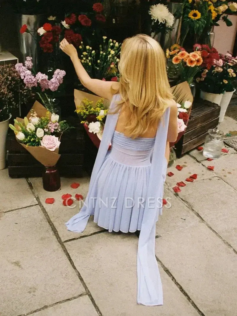CNTNZ DRESS Trendy A Line Strapless Low-Cut Sweetheart Lilac Tulle with Scarf Charming Cocktail Dress Short Homecoming Dress