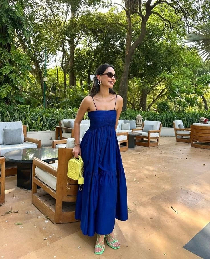 Casual A-Line Square Neck Spaghetti-Strap Open Back Tiered Midi Evening Dress