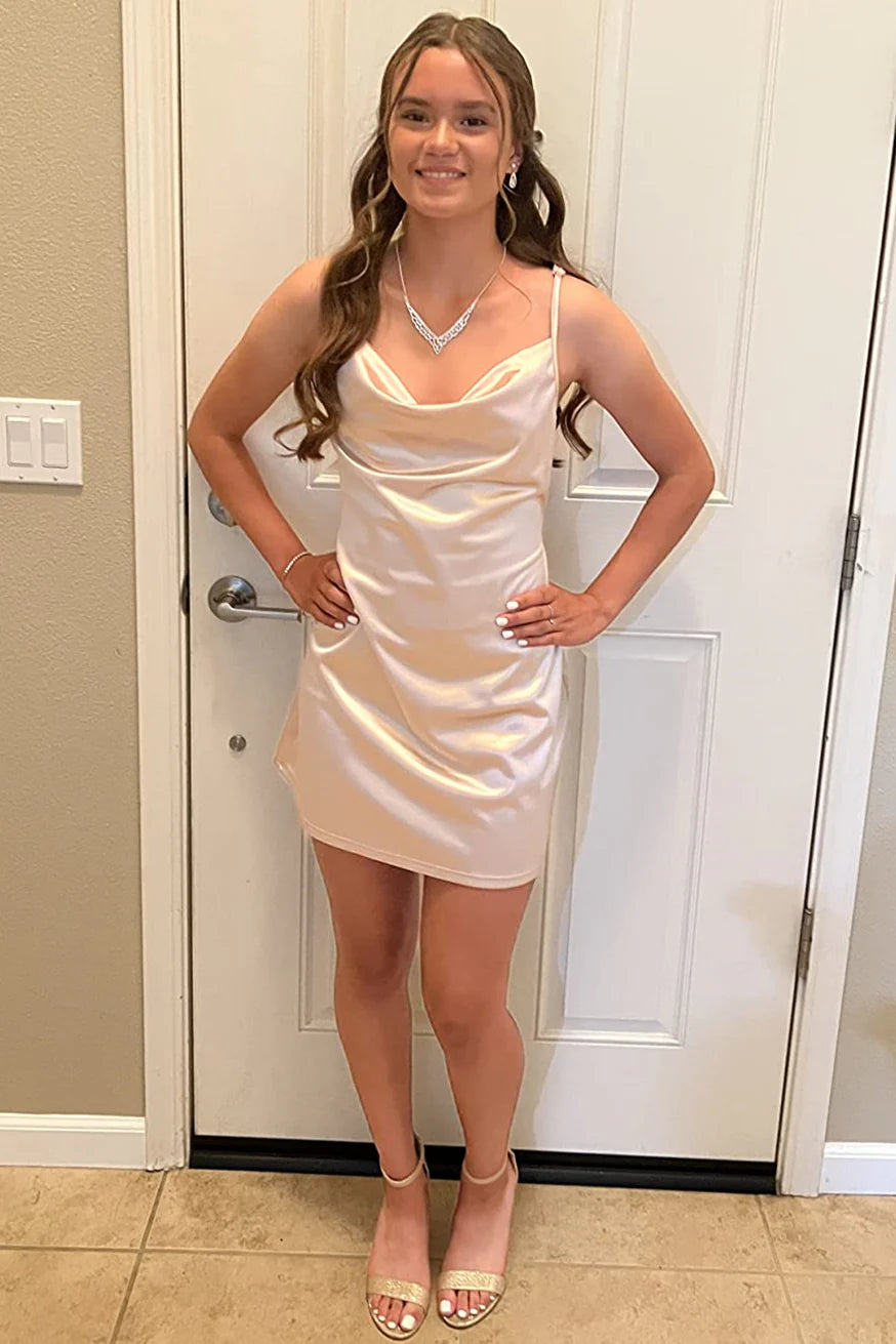 Champagne Cowl Neck Satin Tie Waist A-Line Mini Homecoming Dress