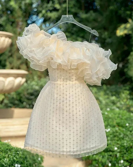 Champagne Off Shoulder Ruffle Sleeve Beaded A-Line Mini Homecoming Dress