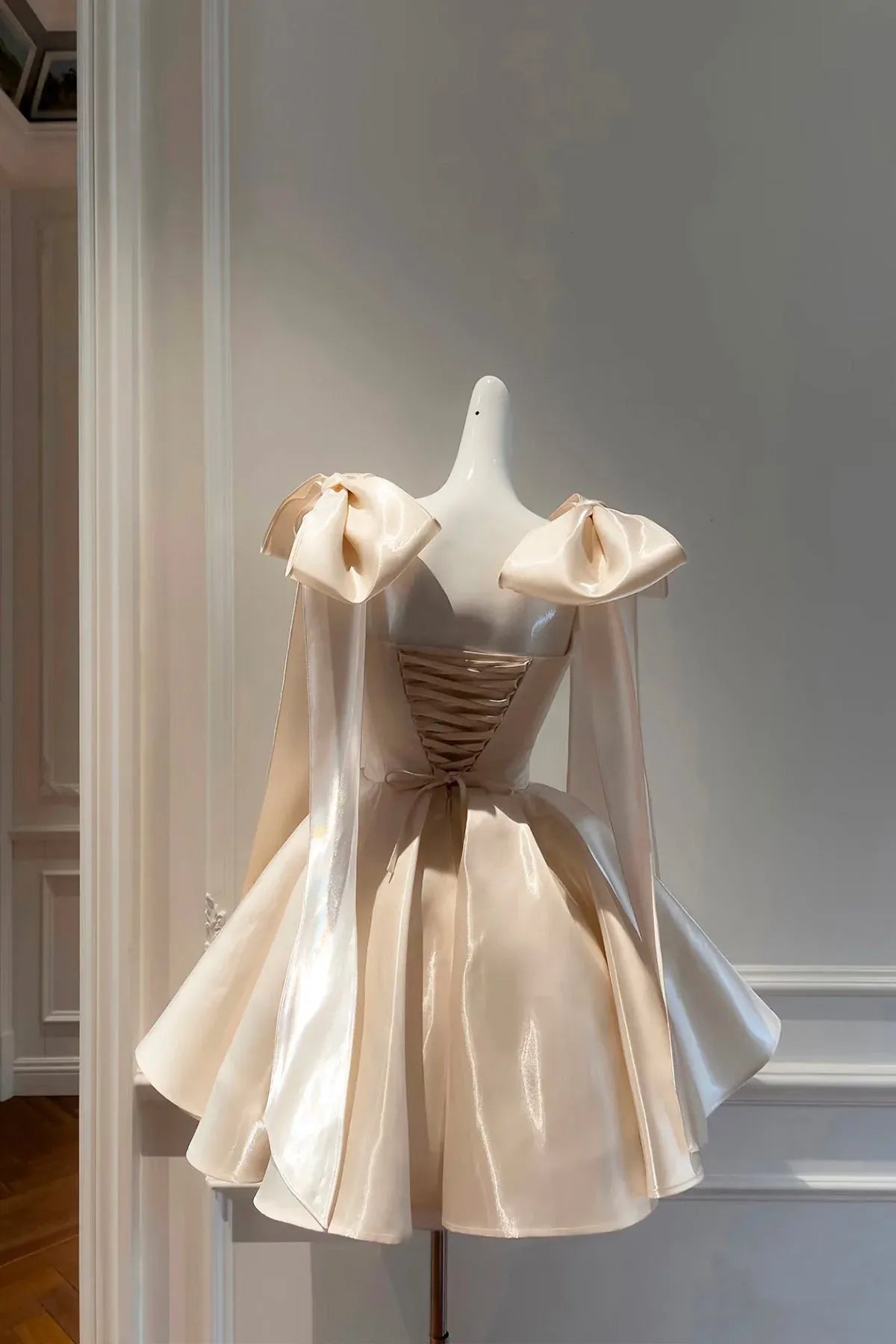 Champagne Sweetheart Bow Shoulder Corset Voluminous A-Line Homecoming Dress