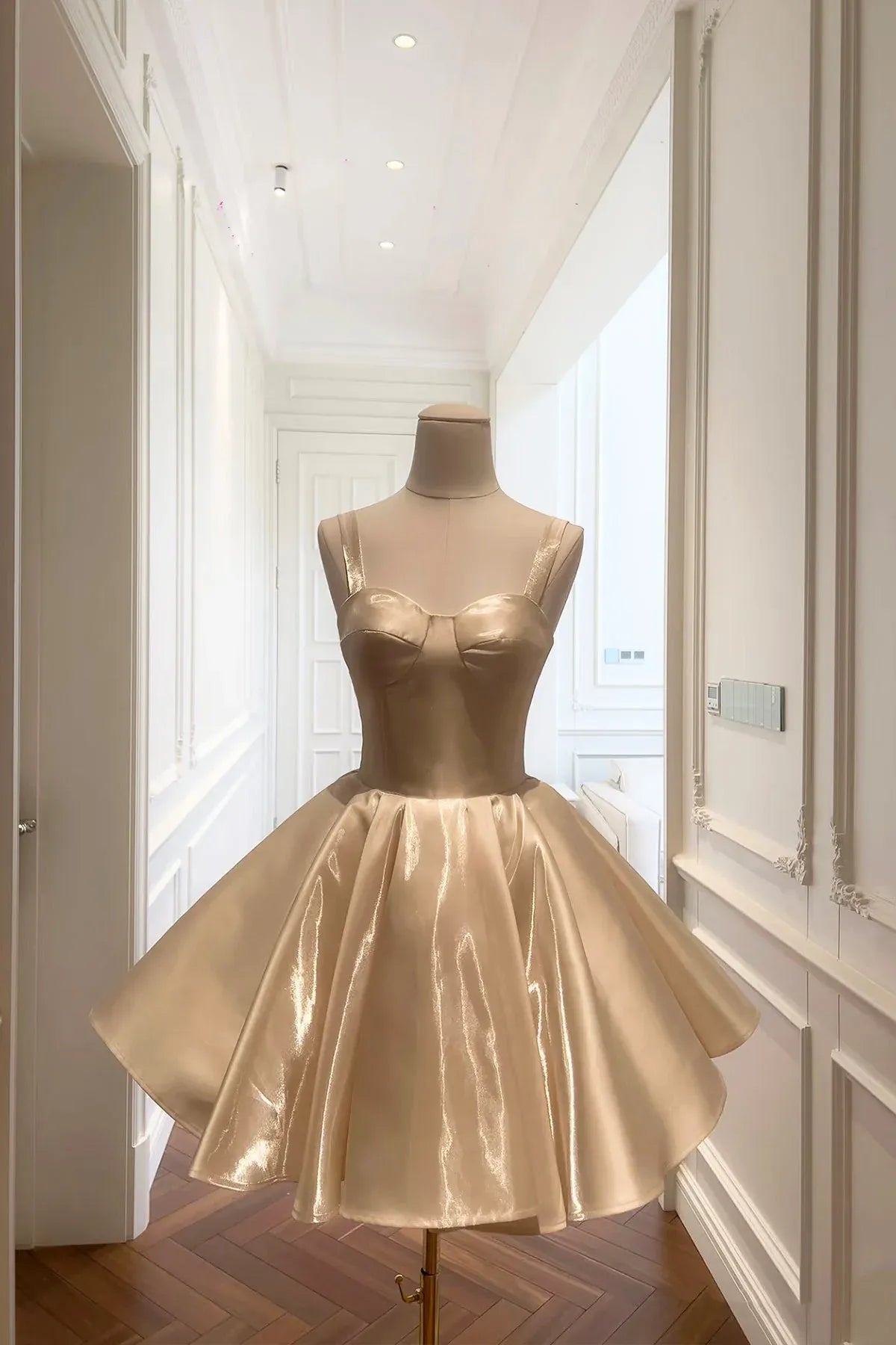 Champagne Sweetheart Bow Shoulder Corset Voluminous A-Line Homecoming Dress