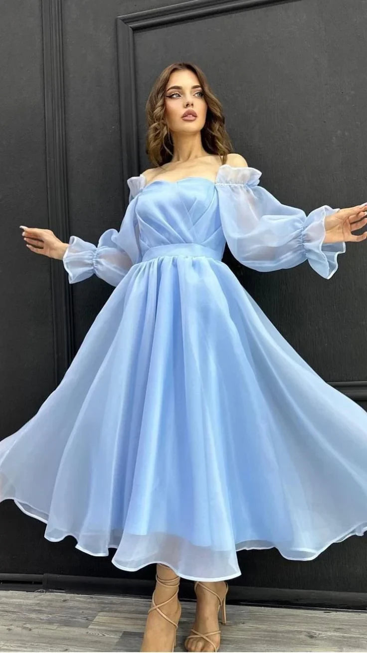 Charming A-Line Sweetheart Neck Off-the-Shoulder Open Back Chiffon Midi Evening Dress