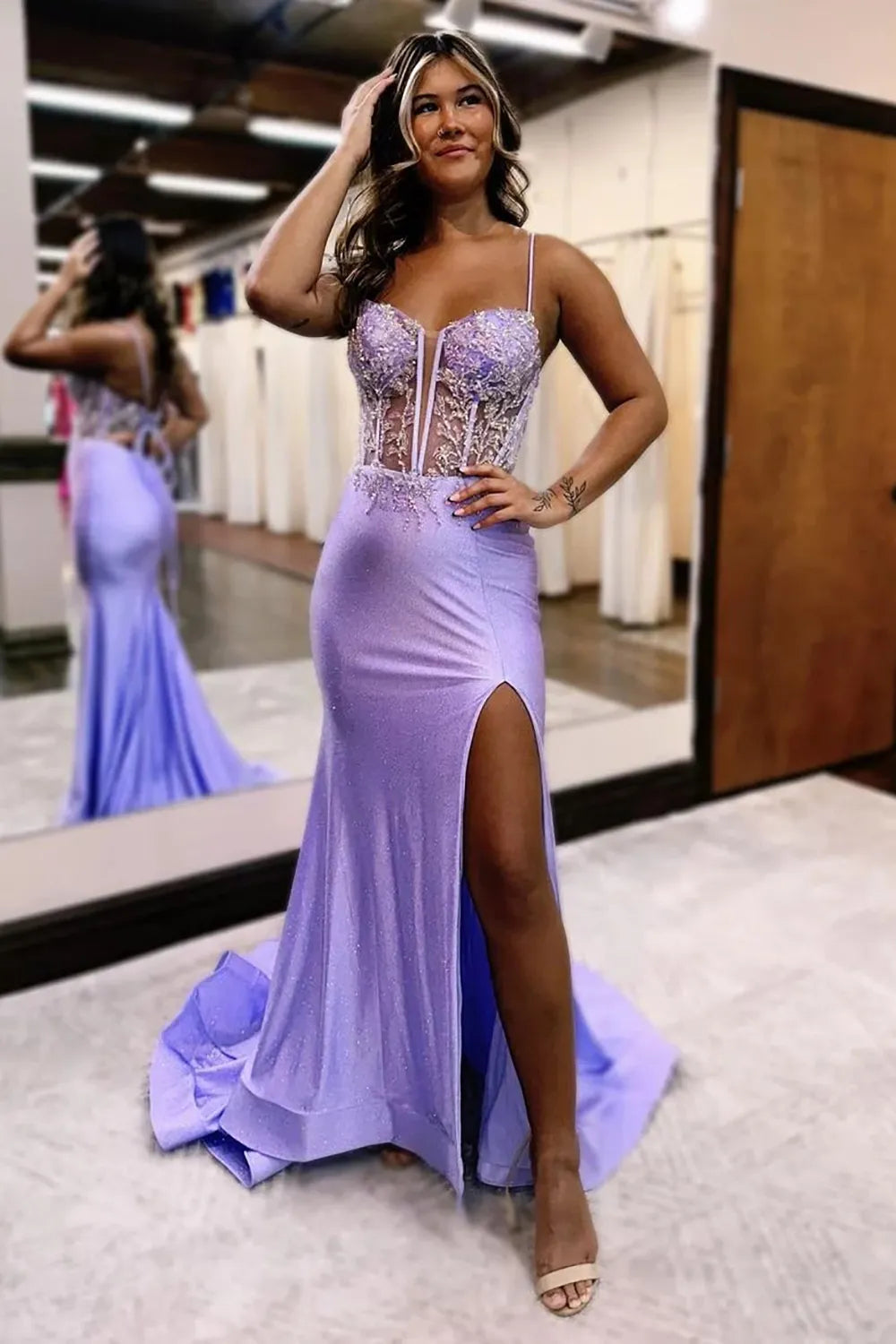 Wholesa Mermaid Glitter Top Spaghetti Straps Long Prom Dress With Slit