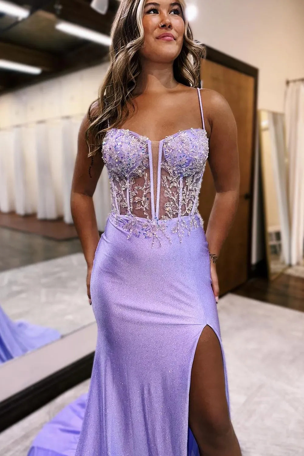 Wholesa Mermaid Glitter Top Spaghetti Straps Long Prom Dress With Slit