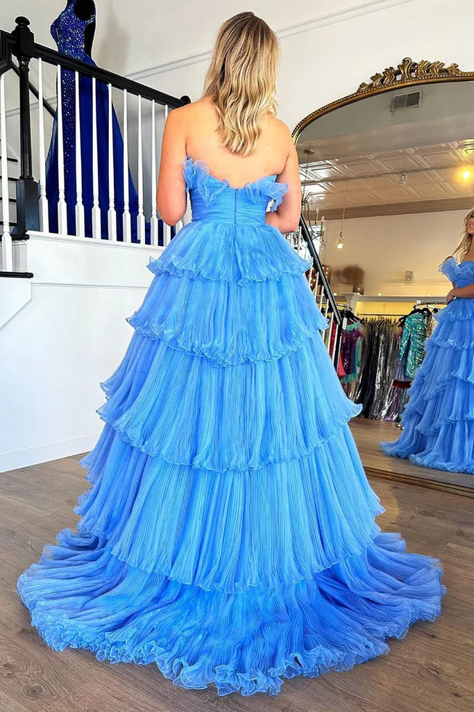 Wholesa A Line Strapless Charming Long Prom Dress with Ruffles