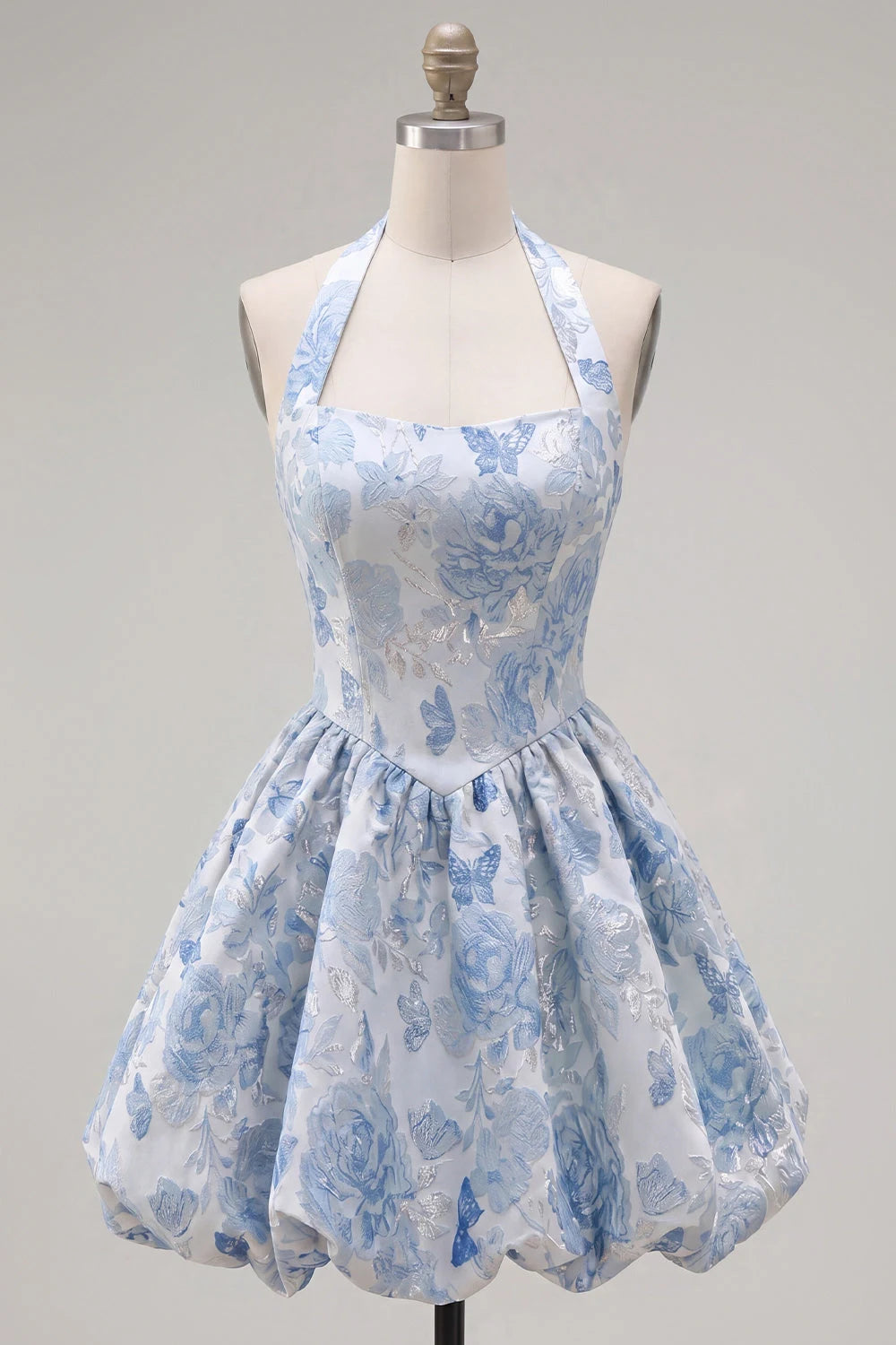 Charming A-Line Bubble Halter Sleeveless Floral Light Blue Short Homecoming Dress