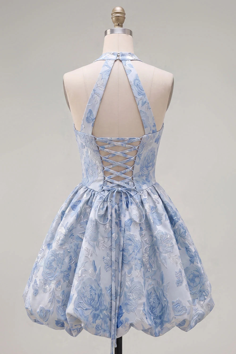 Charming A-Line Bubble Halter Sleeveless Floral Light Blue Short Homecoming Dress