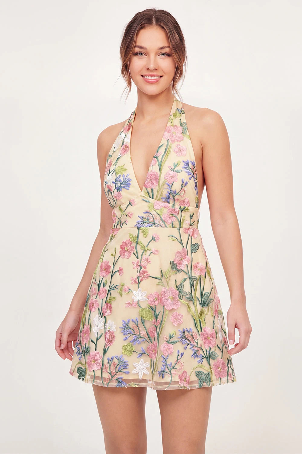 Charming A-Line Halter Sleeveless Floral Embroidered Short Homecoming Dress Women's