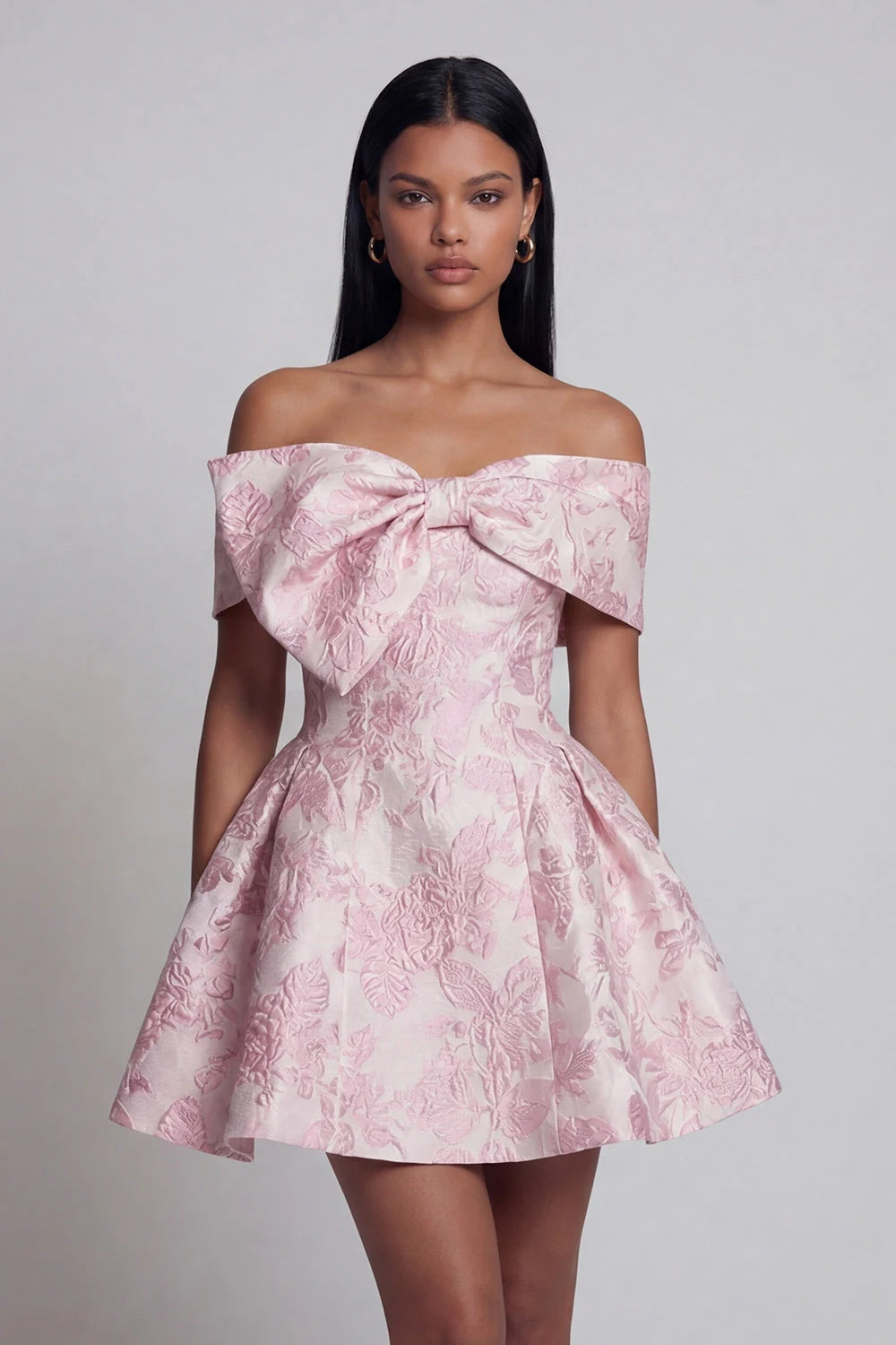 Charming A-Line Off-Shoulder Bow Pink Mini Homecoming Party Dress