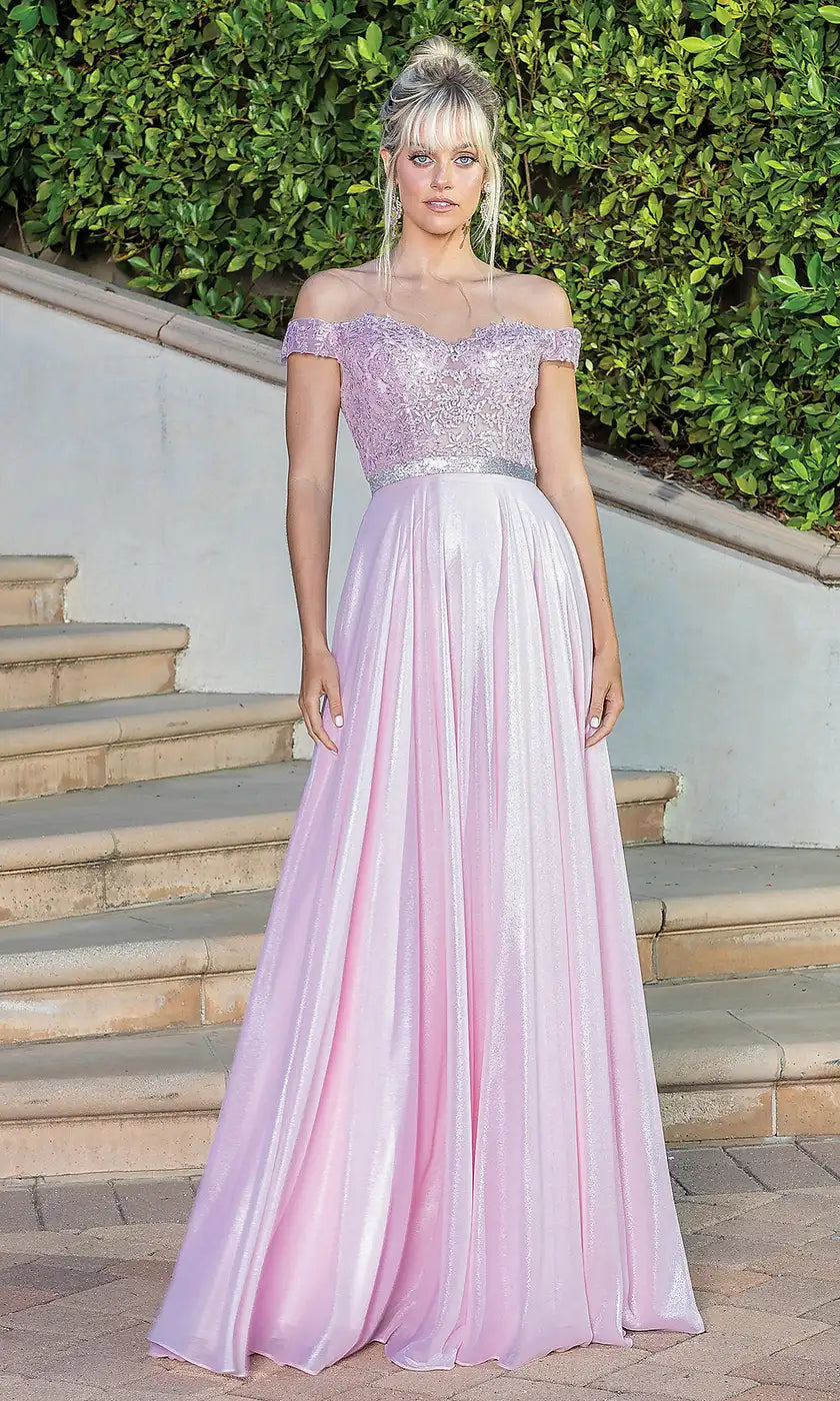 Charming A-Line Off-Shoulder Sleeved Embroidered Pleated Pink Long Prom Dresses Women