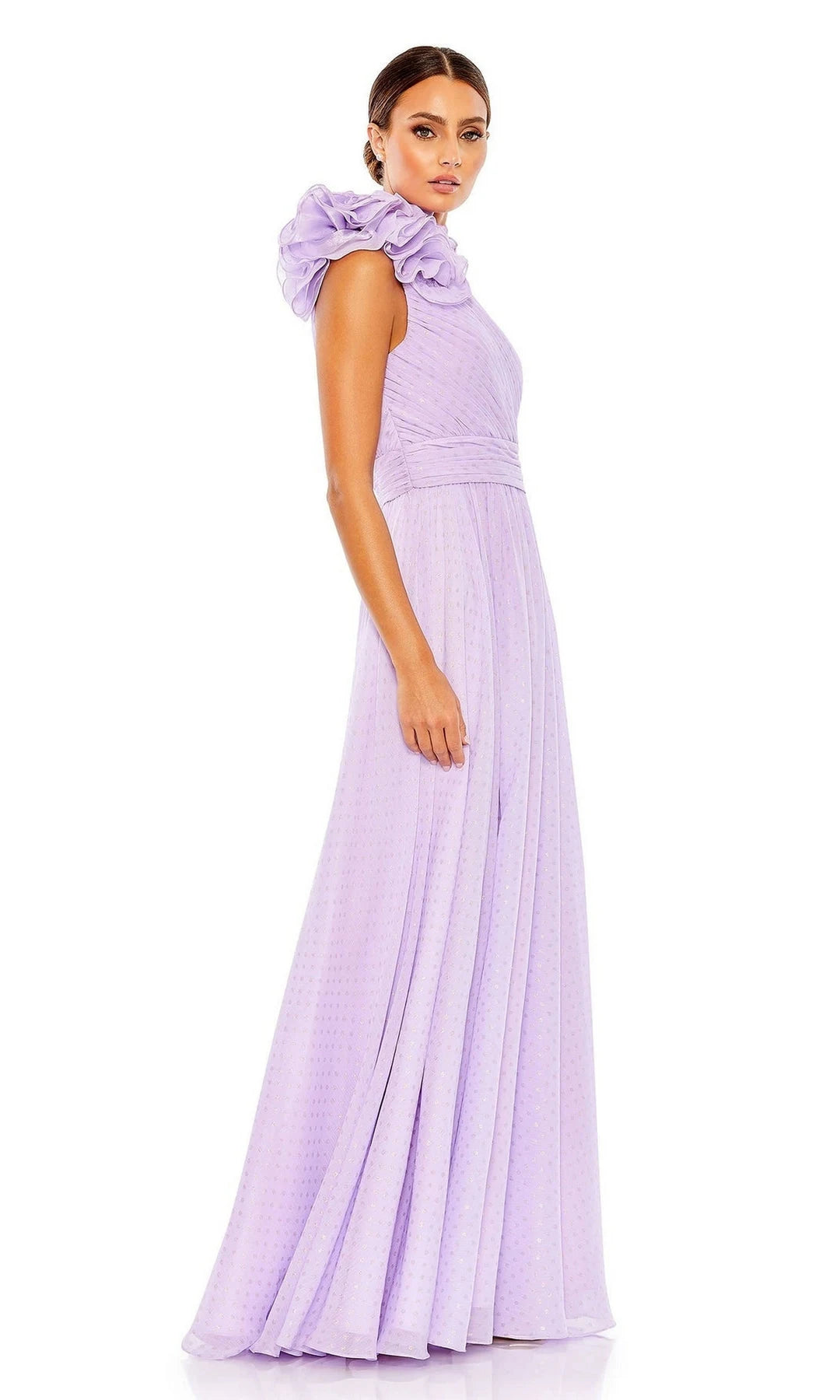 Charming A-Line One-Shoulder Sleeveless Rosette Ruched Lilac Long Prom Dresses Gown