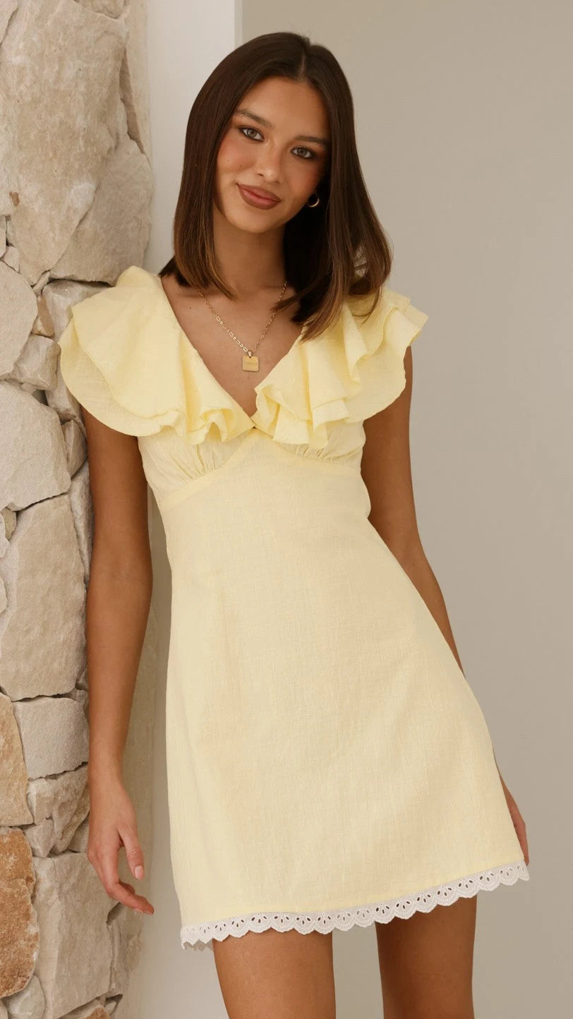 Charming A-Line Ruffled V-Neck Sleeved Playful Light Yellow Mini Homecoming Dress
