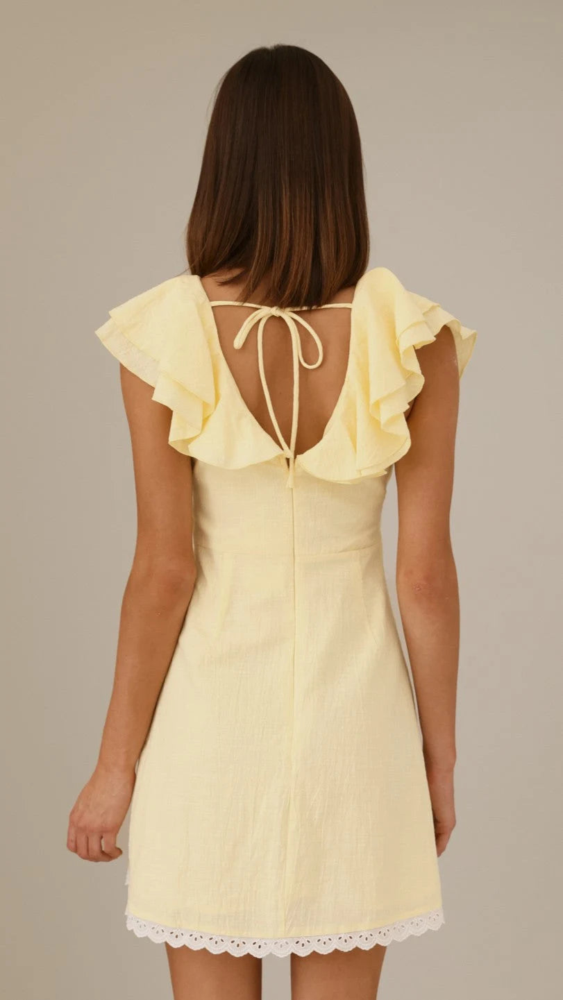 Charming A-Line Ruffled V-Neck Sleeved Playful Light Yellow Mini Homecoming Dress