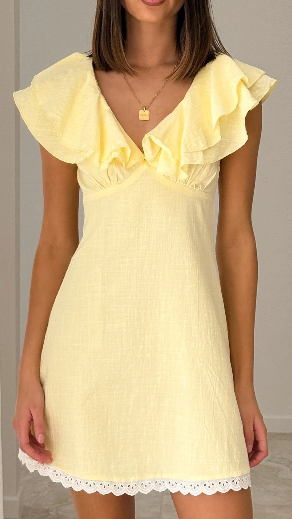 Charming A-Line Ruffled V-Neck Sleeved Playful Light Yellow Mini Homecoming Dress