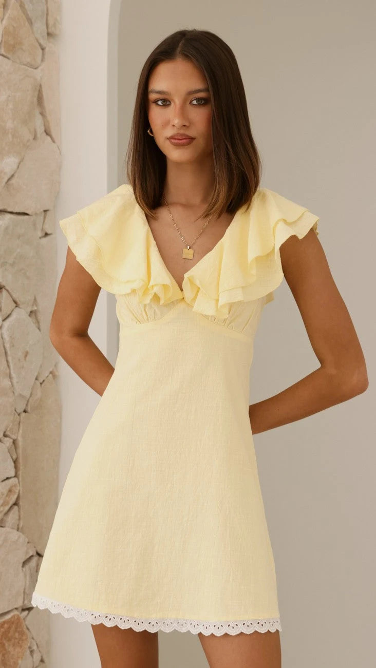 Charming A-Line Ruffled V-Neck Sleeved Playful Light Yellow Mini Homecoming Dress