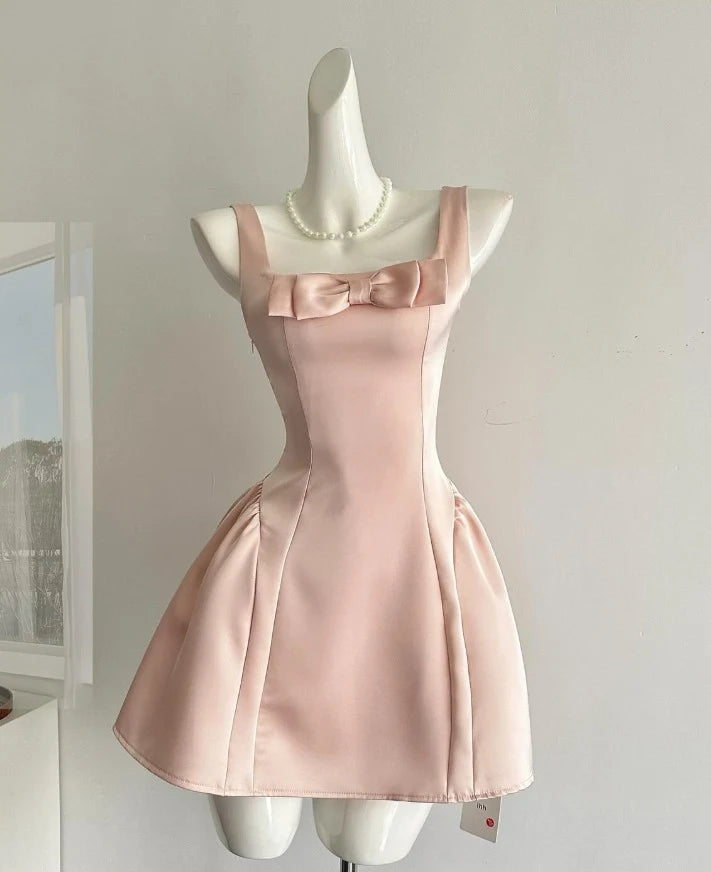 Charming A-Line Square Neck Sleeveless Bow Blush Pink Mini Homecoming Dress