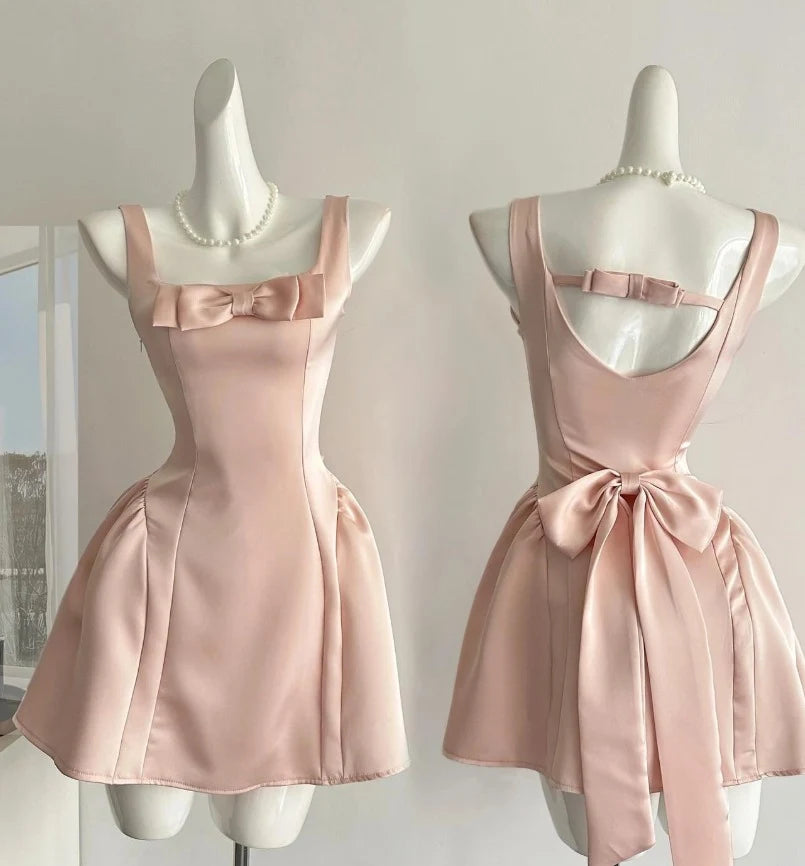 Charming A-Line Square Neck Sleeveless Bow Blush Pink Mini Homecoming Dress