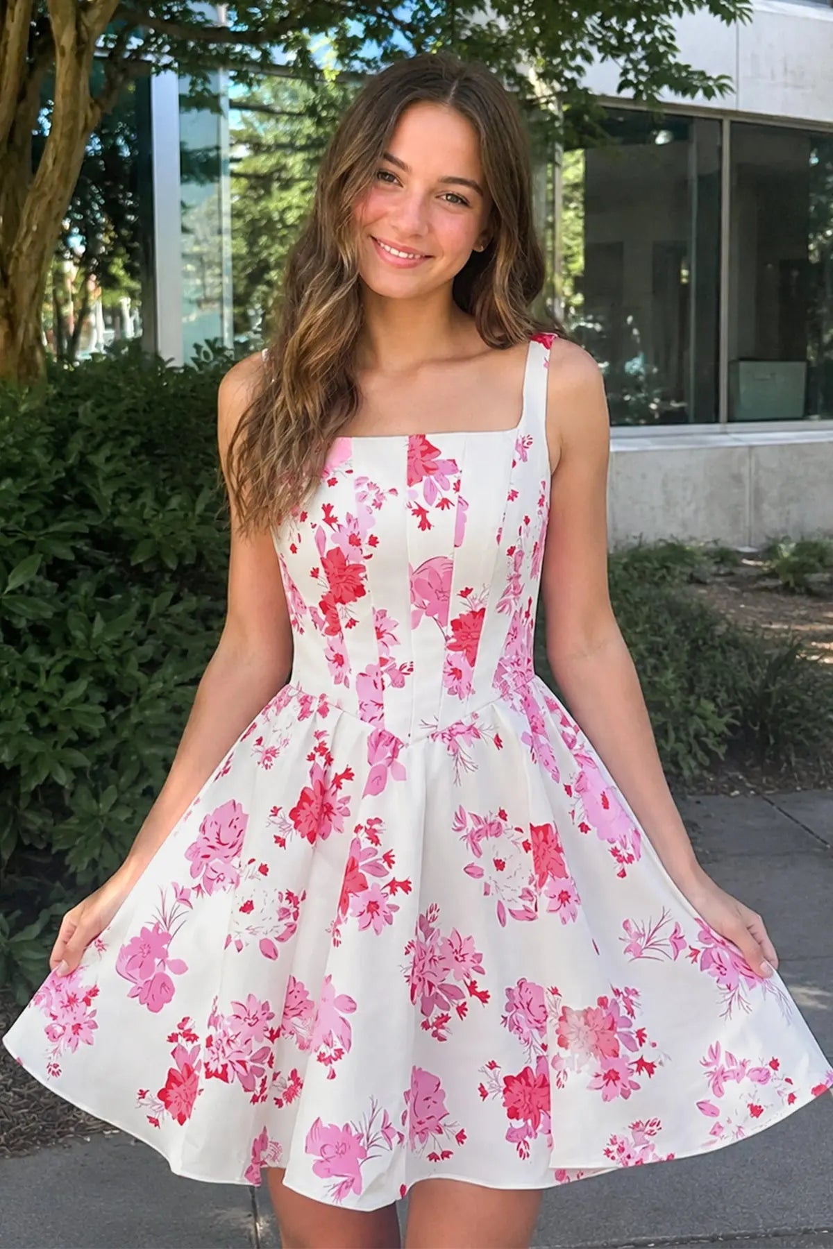 Charming A-Line Square Neck Sleeveless Floral Printed White Short Homecoming Dresses for Teens