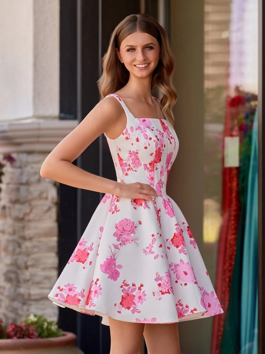 Charming A-Line Square Neck Sleeveless Floral Printed White Short Homecoming Dresses for Teens