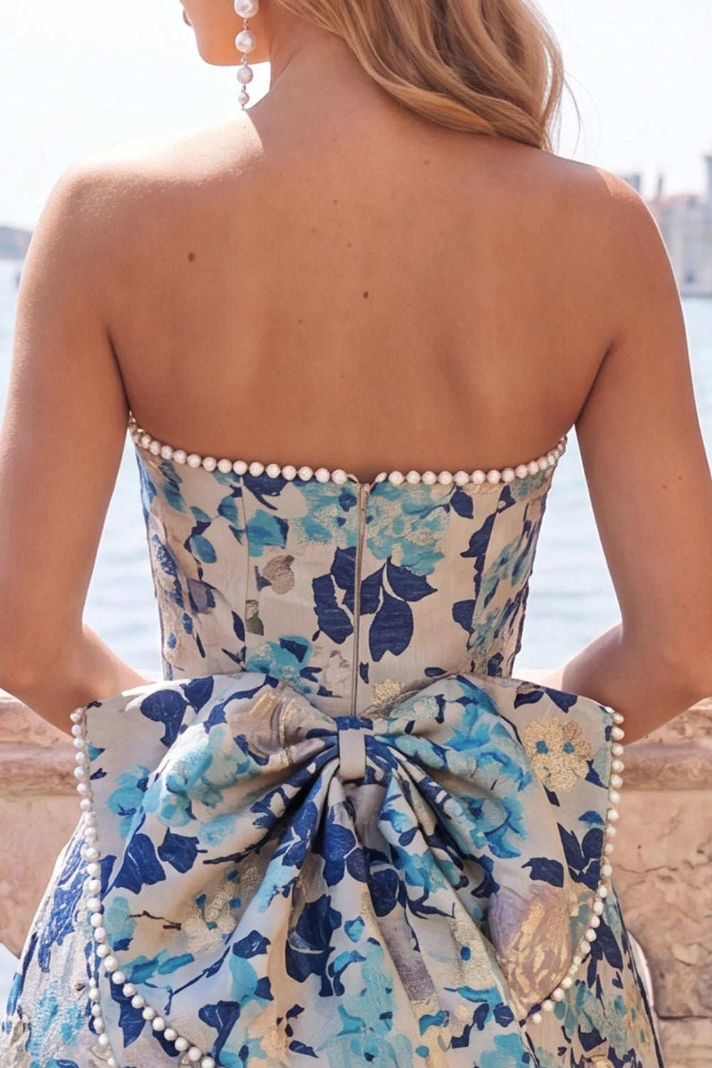 Charming A-Line Strapless Pearl-Trimmed Bow-Back Blue Floral Mini Homecoming Dress