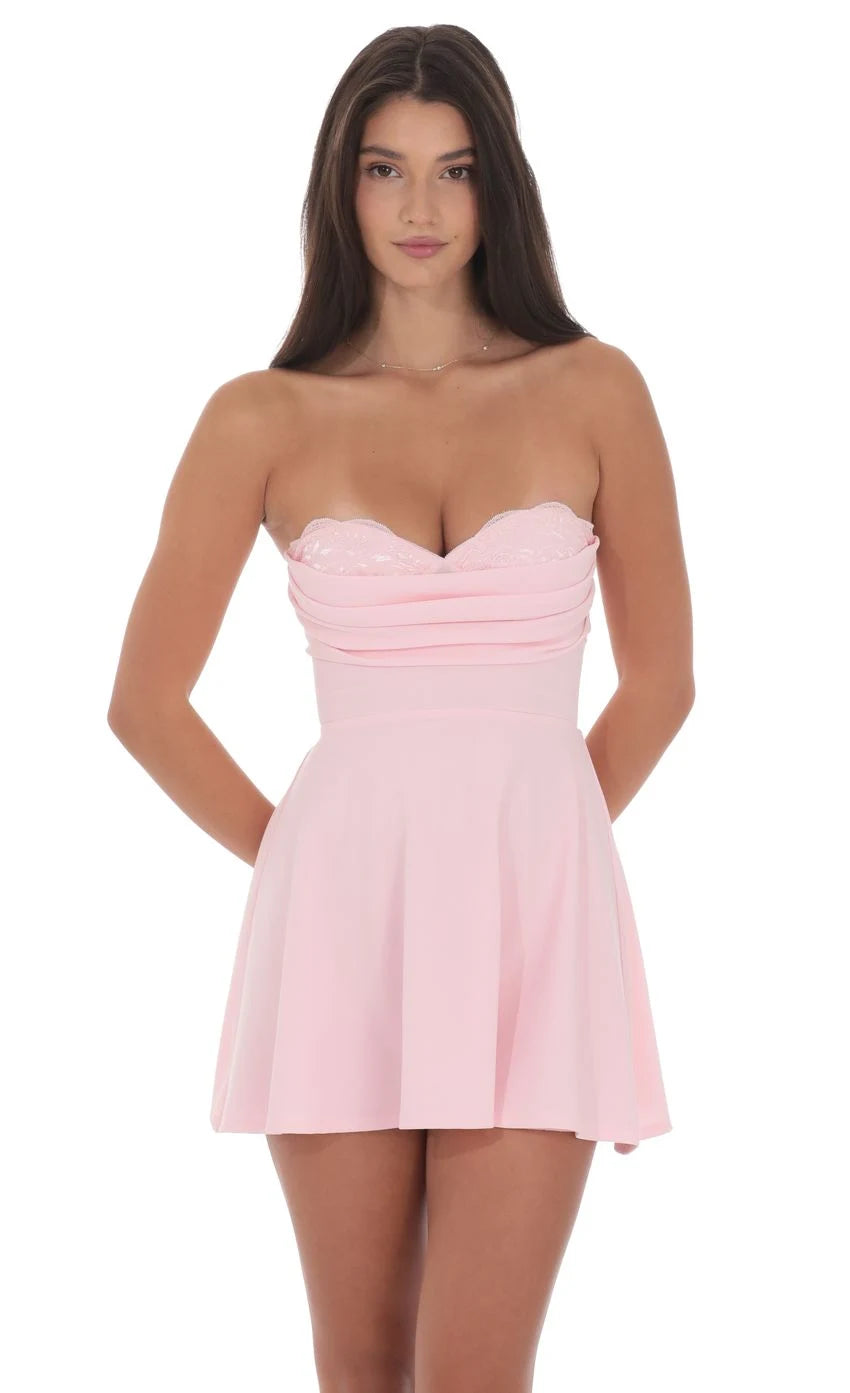 Charming A-Line Strapless Ruched Lace Light Pink Mini Homecoming Dress Women