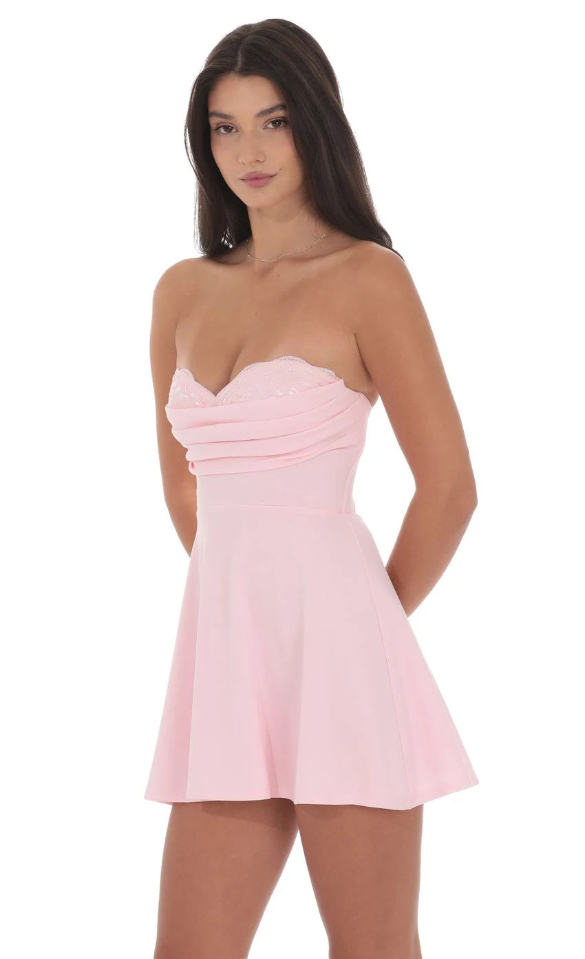 Charming A-Line Strapless Ruched Lace Light Pink Mini Homecoming Dress Women