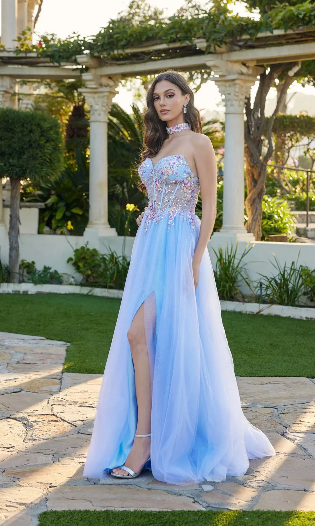 Charming A-Line Strapless Sleeveless Corset Embroidered Blue Floor-Length Prom Dresses Women