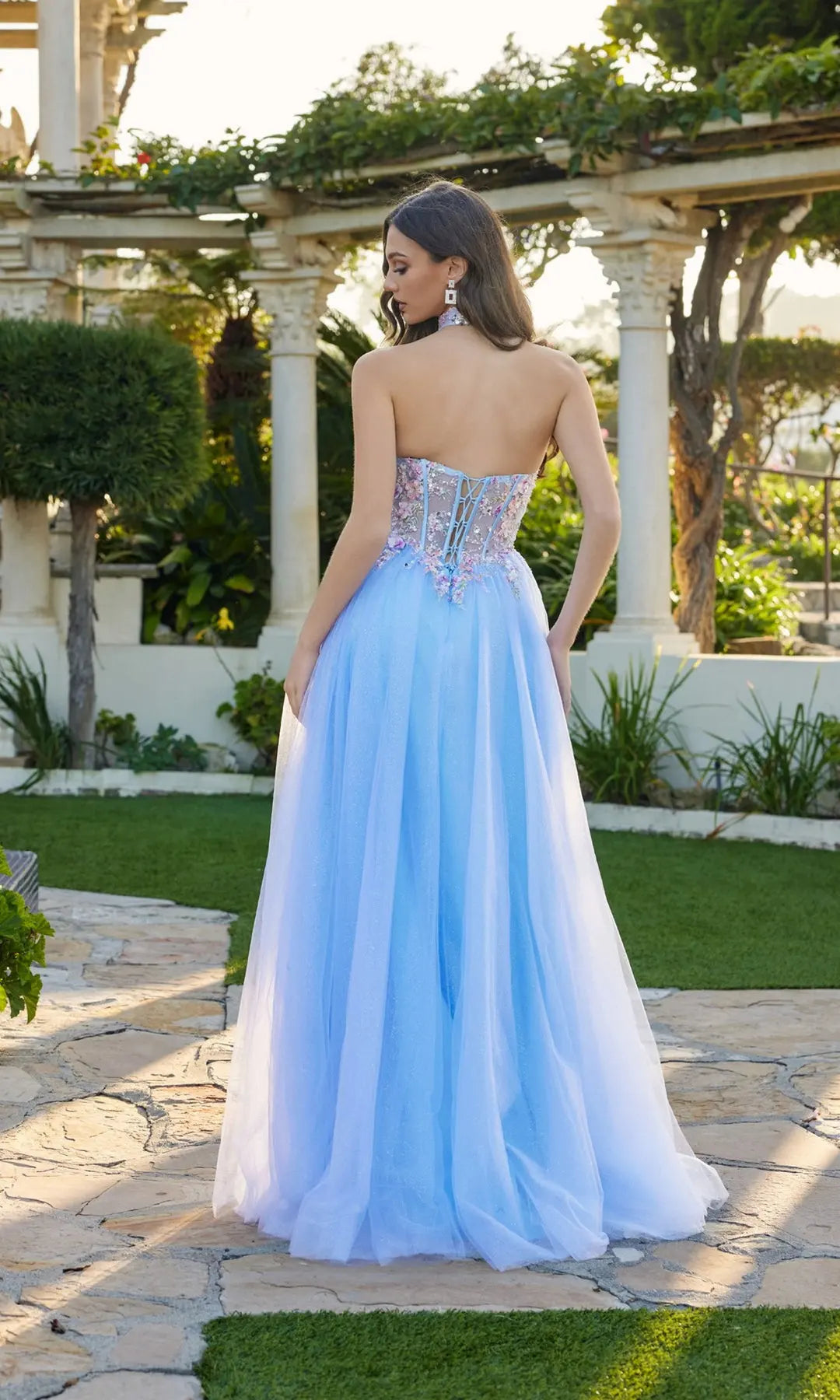 Charming A-Line Strapless Sleeveless Corset Embroidered Blue Floor-Length Prom Dresses Women