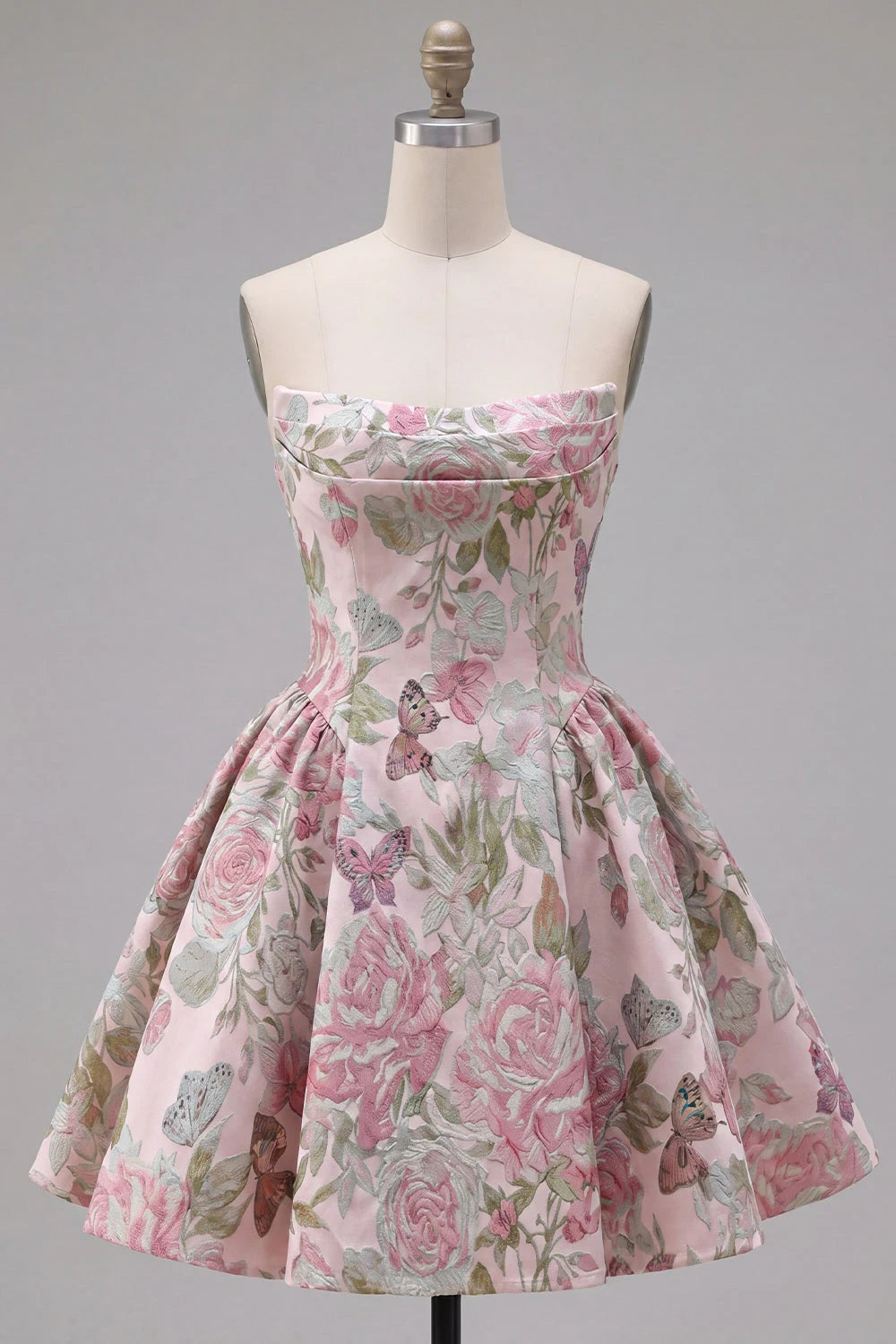 Charming A-Line Strapless Sleeveless Floral Corset Back Blush Mini Homecoming Dress