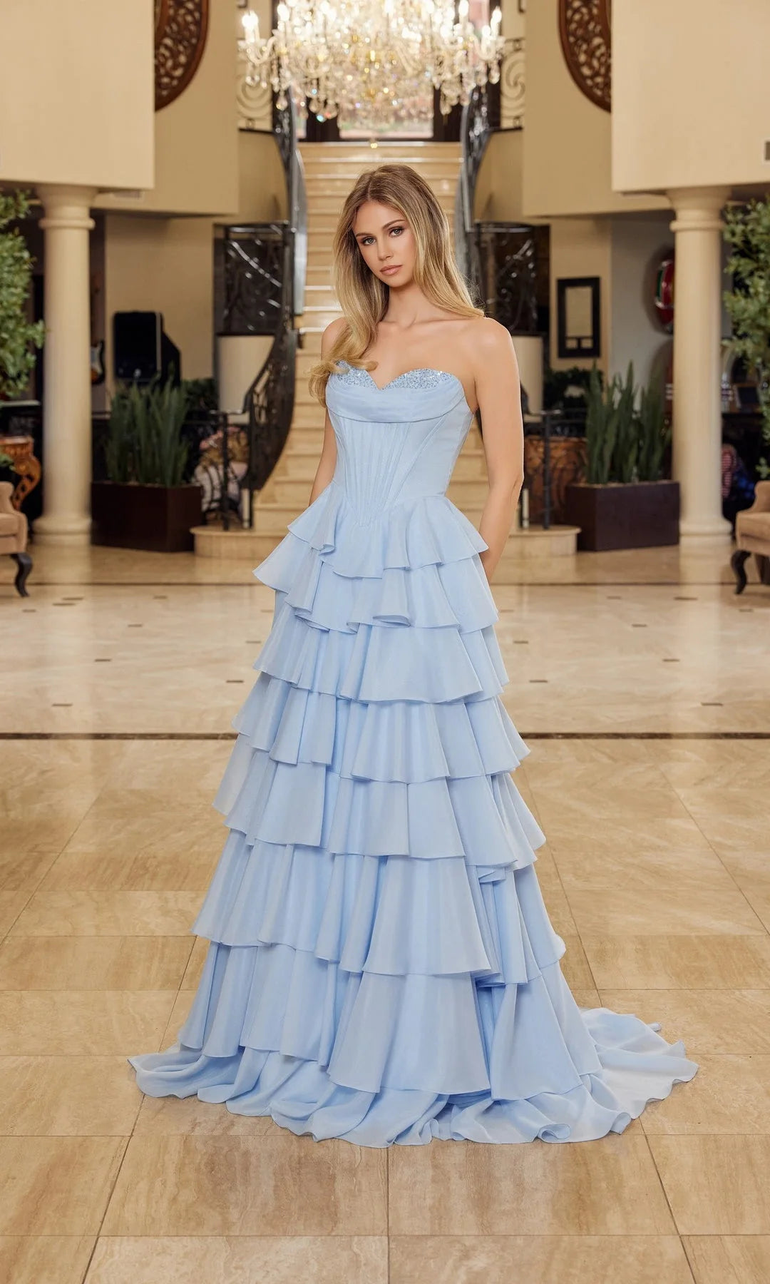 Charming A-Line Strapless Sleeveless Tiered Corset Blue Prom Dresses For Women
