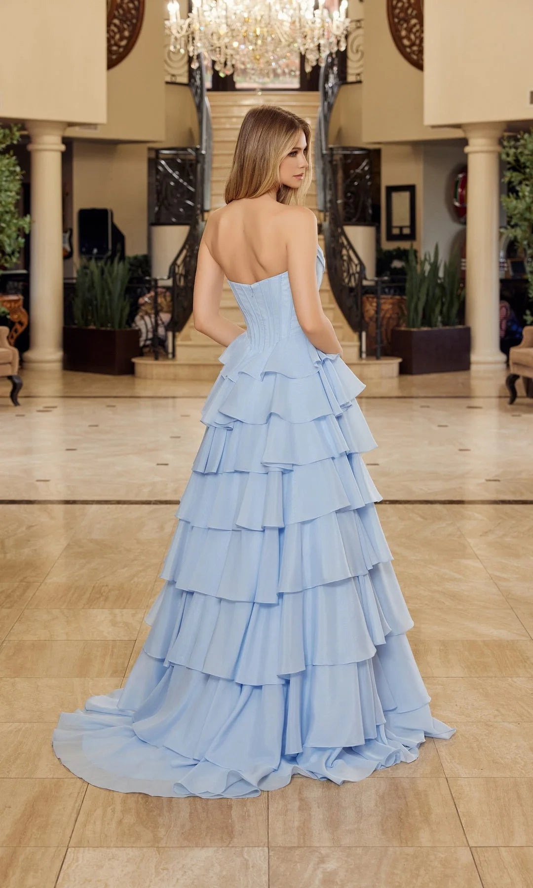 Charming A-Line Strapless Sleeveless Tiered Corset Blue Prom Dresses For Women