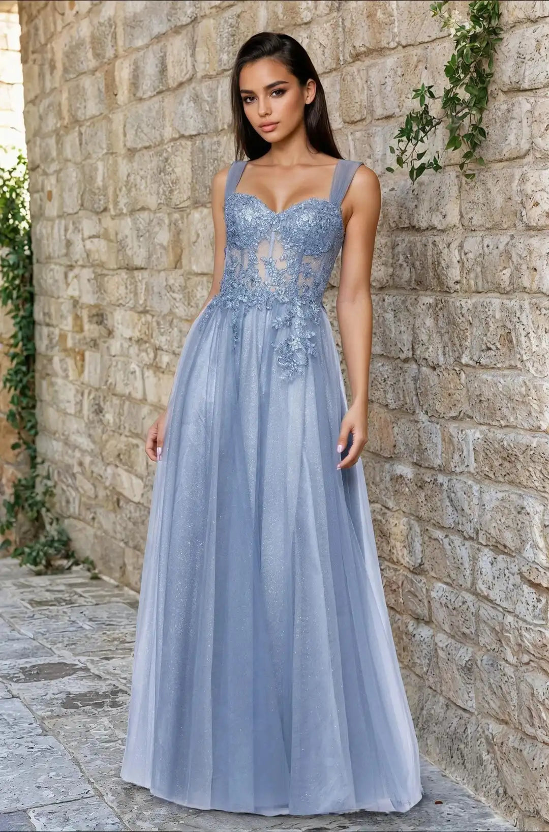Charming A-Line Sweetheart Sleeveless Corset Applique Blue Long Prom Dresses Women