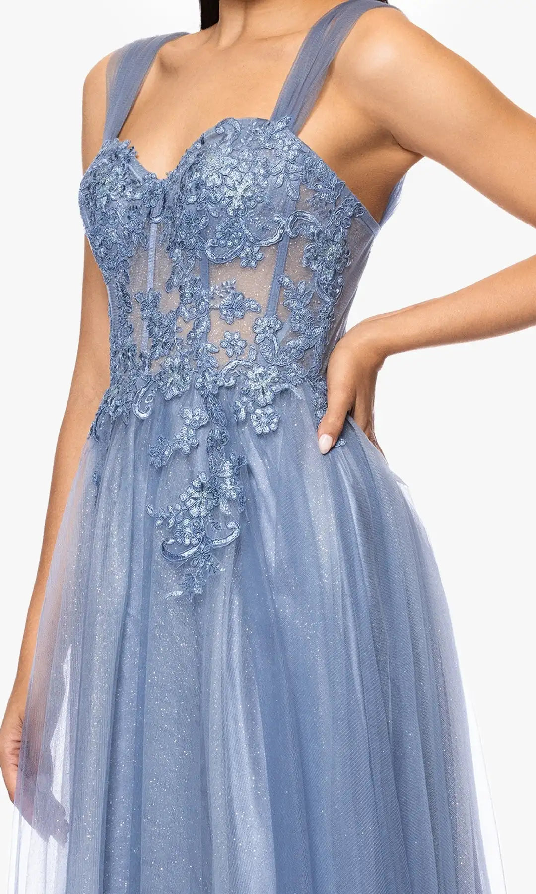 Charming A-Line Sweetheart Sleeveless Corset Applique Blue Long Prom Dresses Women