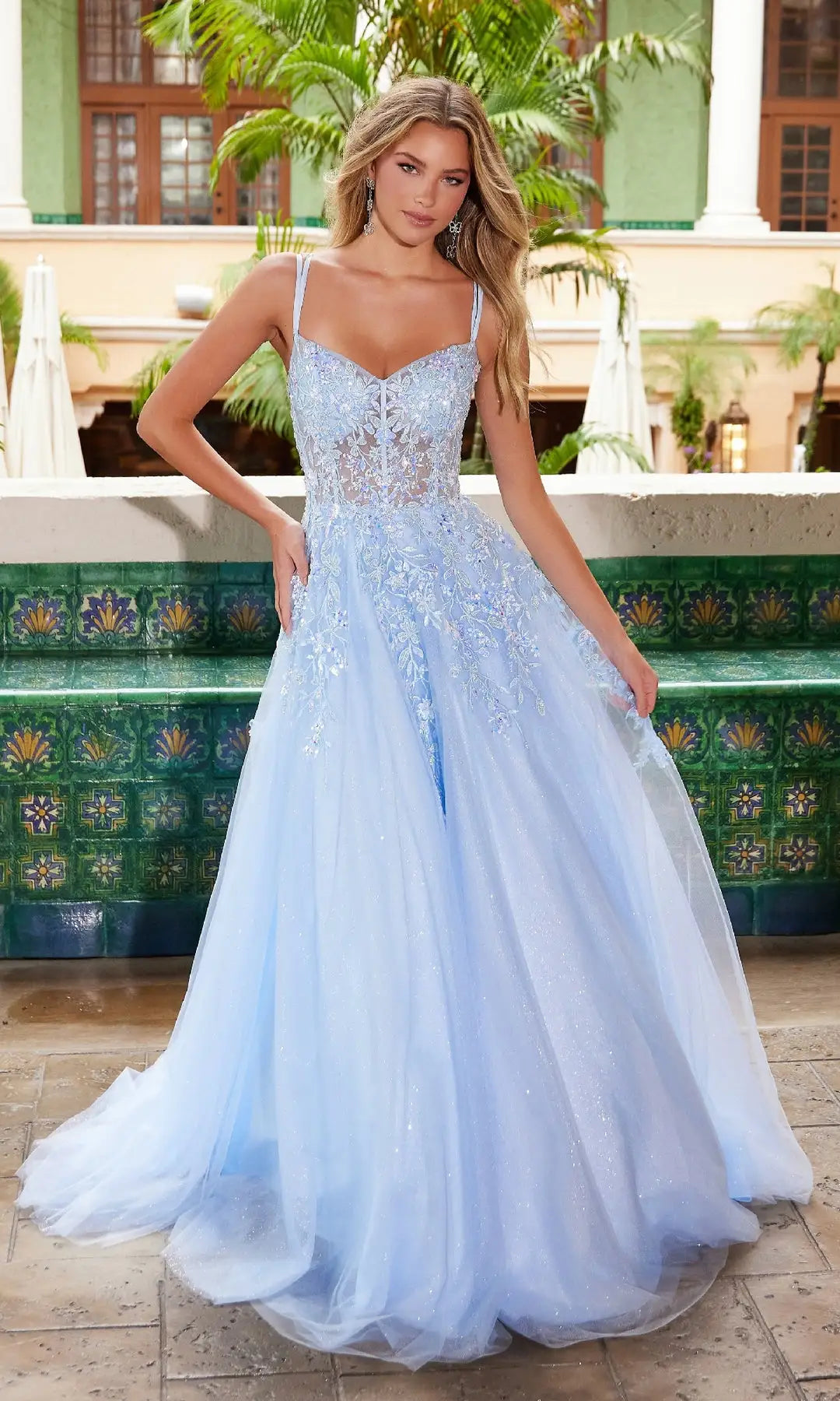 Charming A-Line Sweetheart Sleeveless Corset Glitter Light Blue Prom Dresses
