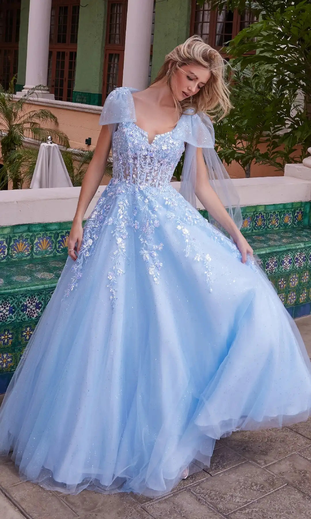 Charming A-Line Sweetheart Sleeveless Floral-Corset Blue Long Prom Dresses Women Gown